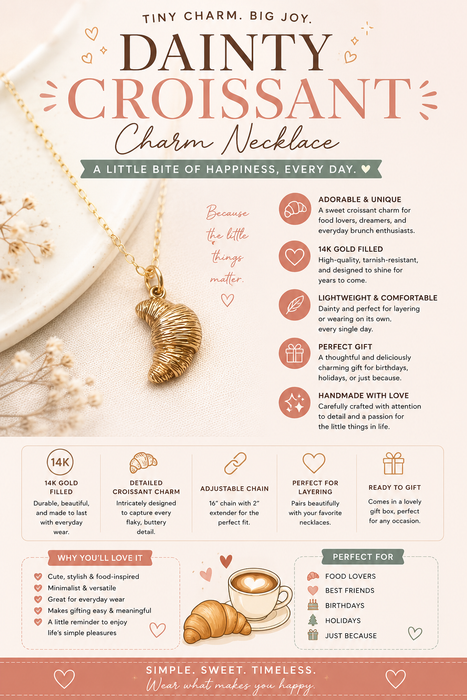 Dainty Croissant Charm Necklace – 14k Gold Filled | Handmade Foodie Gift