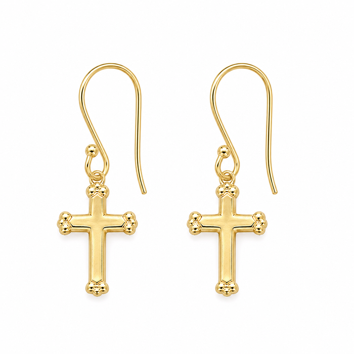 Gold cross earrings on a white background