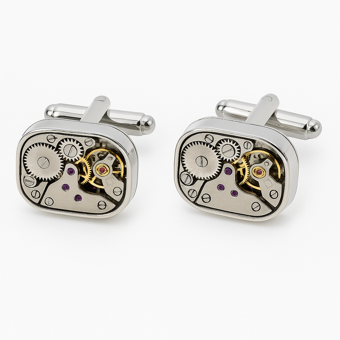 Heavy Duty Steampunk Clock Parts Cufflinks | Stainless Steel Watch Movement Cuff Links for Him