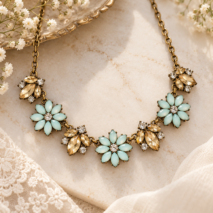 Nicole Vintage Floral Statement Necklace – Mint & Champagne Crystal