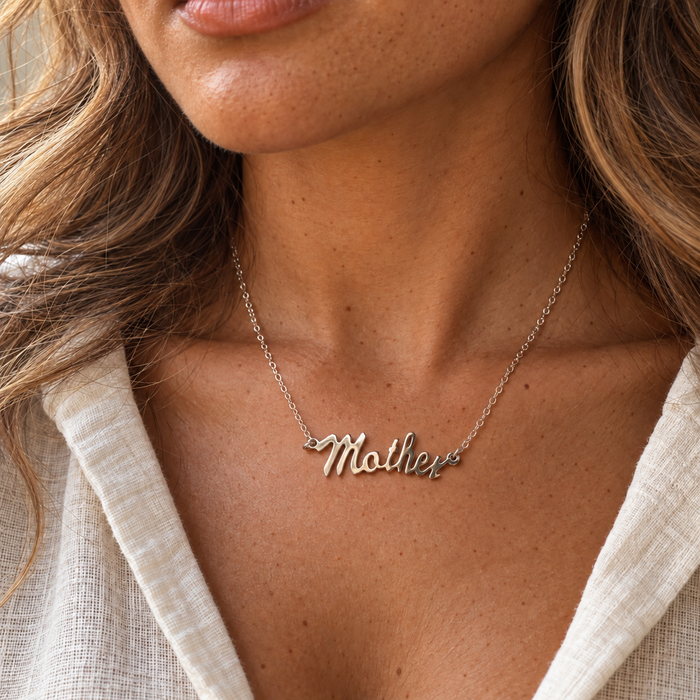 Mother Script Necklace in Sterling Silver