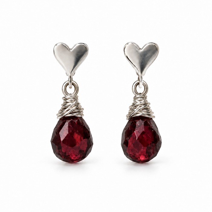 Tiny Garnet Heart Stud Drop Earrings