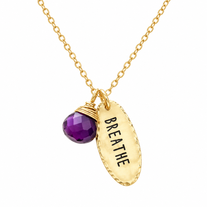 Breathe Necklace – Hand Stamped Brass Tag with Purple Chalcedony, 20 Inch