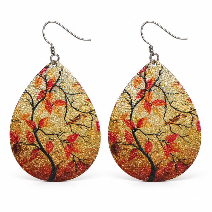 Autumn Tree Glitter Teardrop Earrings