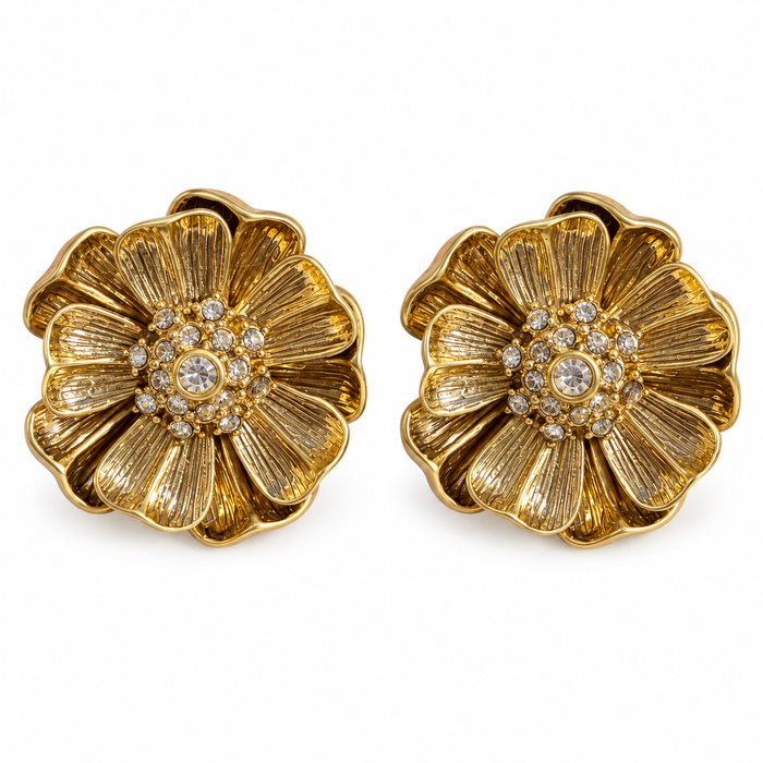 Gold Poppy Statement Earrings with Rhinestones