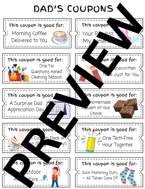 Close-up of editable dad coupons for Father's Day or birthdays
