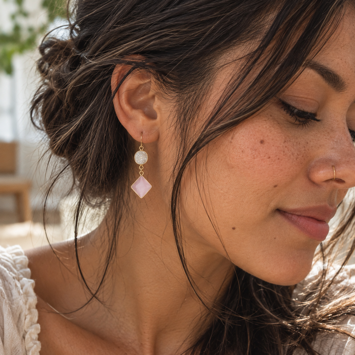 White Druzy & Rose Quartz Drop Earrings – 14k Gold Filled