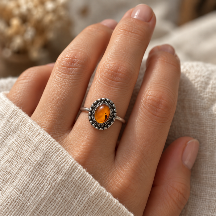 Amber & Sterling Silver Ring – Size 8