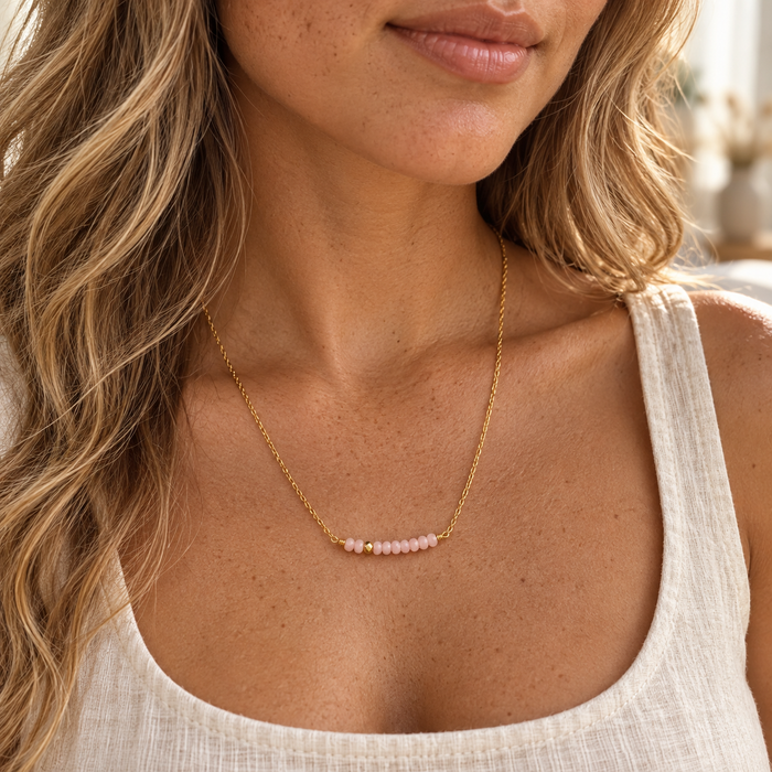 Pink Opal & Gold Pyrite Bar Necklace