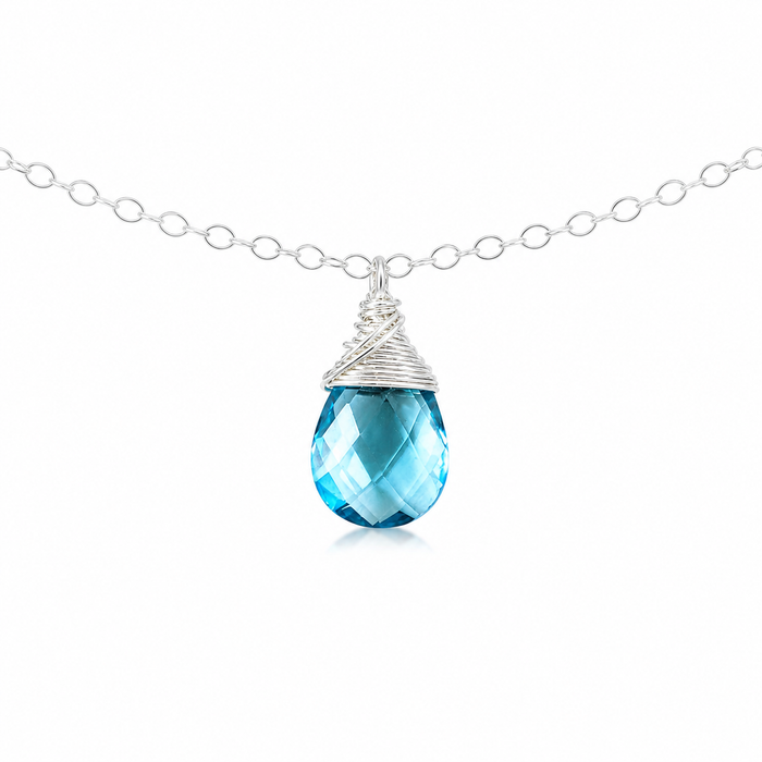 Blue Topaz Quartz Necklace December Birthstone Sterling Silver Wire Wrapped Briolette Pendant Gift for Her