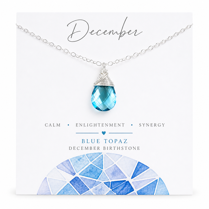 Blue Topaz Quartz Necklace December Birthstone Sterling Silver Wire Wrapped Briolette Pendant Gift for Her