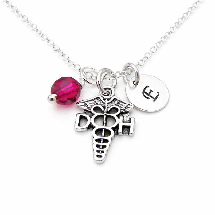Dental Hygienist Necklace – Sterling Silver with Birthstone & Initial Charm