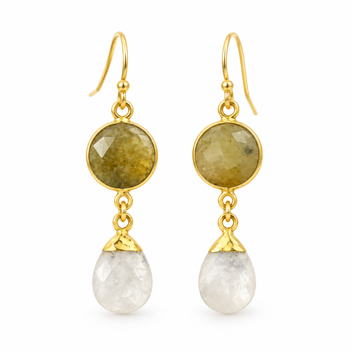 Golden Sapphire & Moonstone Bezel Drop Earrings
