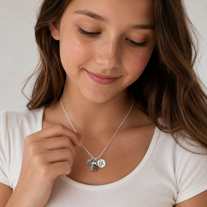Cupcake Necklace – Sterling Silver with Birthstone & Initial Charm