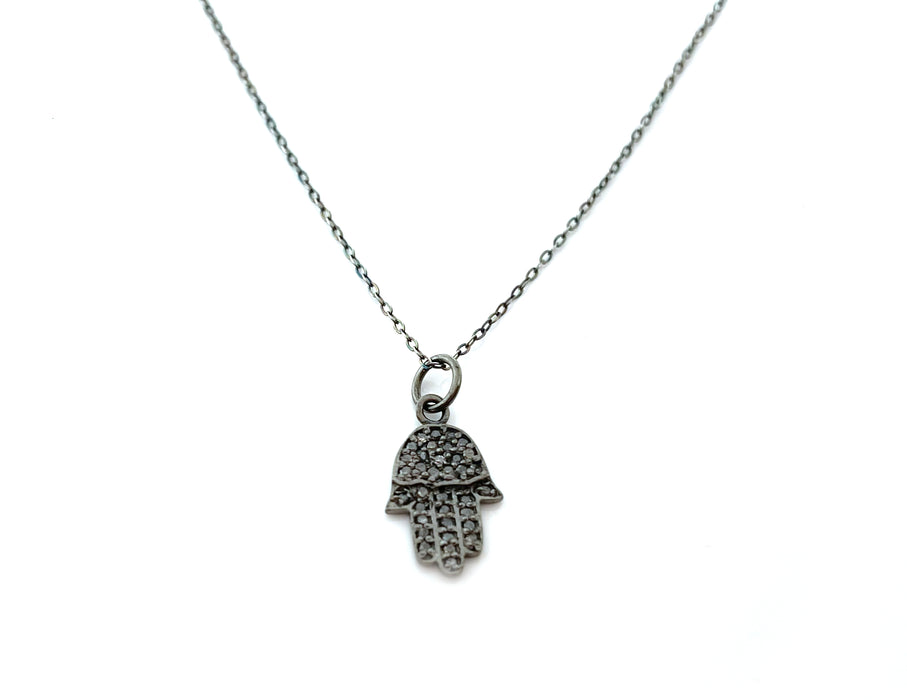 Pave Diamond Hamsa Hand Oxidized Sterling Silver Necklace