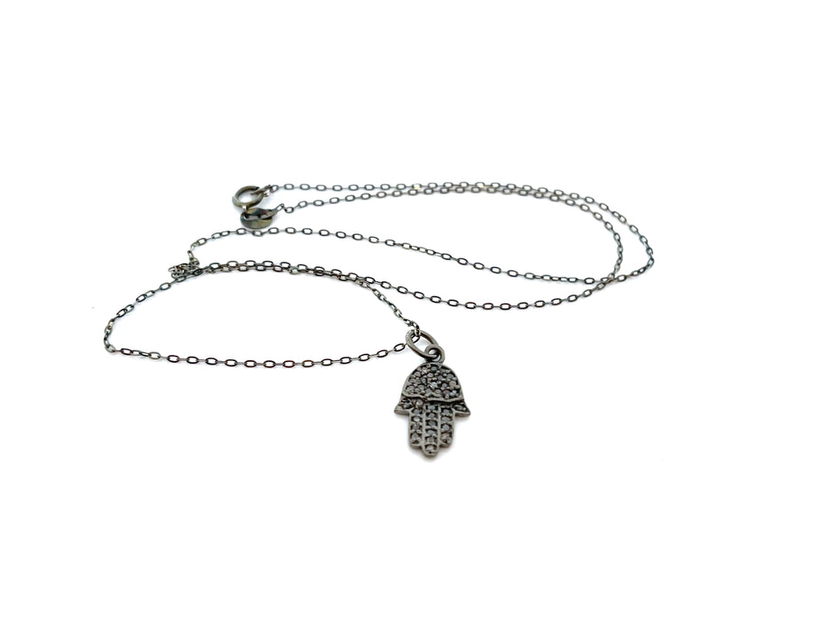 Pave Diamond Hamsa Hand Oxidized Sterling Silver Necklace