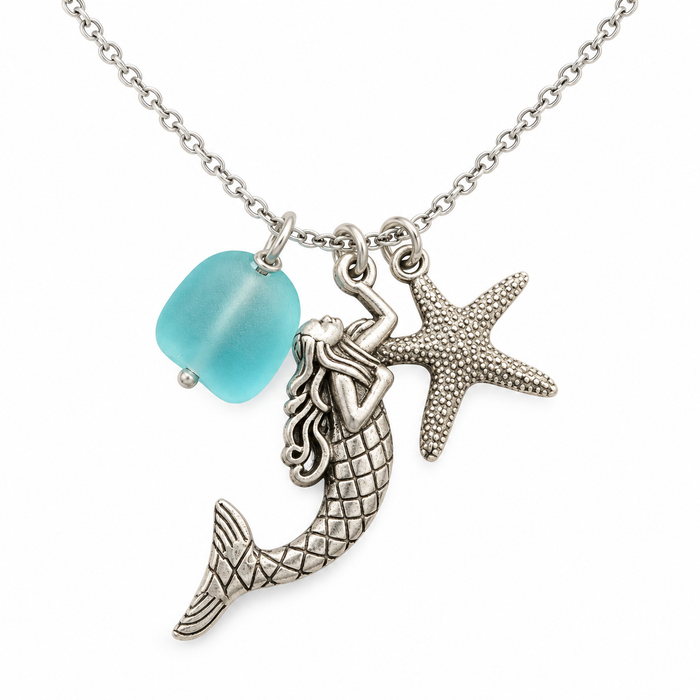 Mermaid and Sea Glass Sterling Silver Necklace