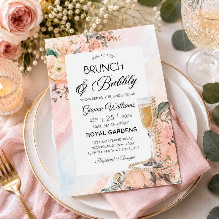 Brunch & Bubbly Bridal Shower Invitation | Editable Canva Template