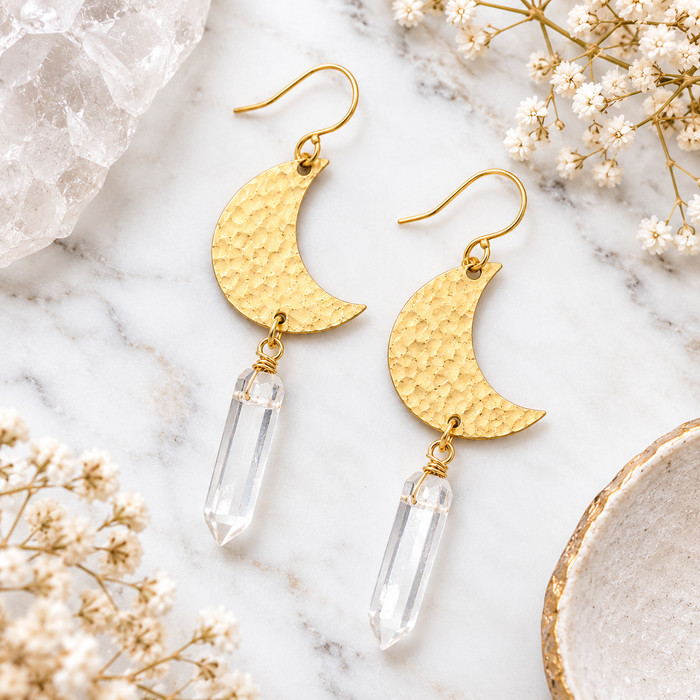 Gold Brass Crescent Moon Crystal Drop Earrings