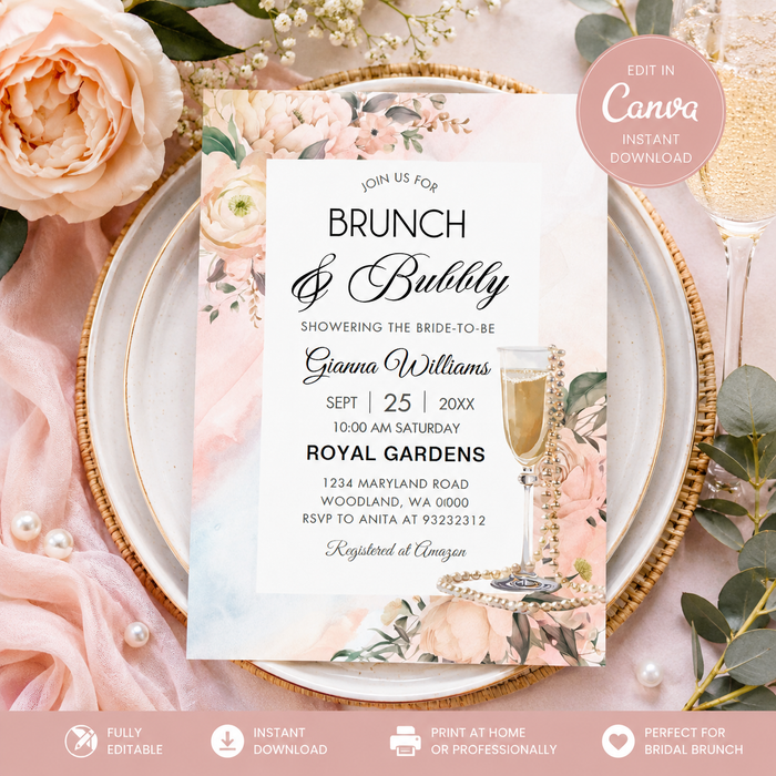 Brunch & Bubbly Bridal Shower Invitation | Editable Canva Template