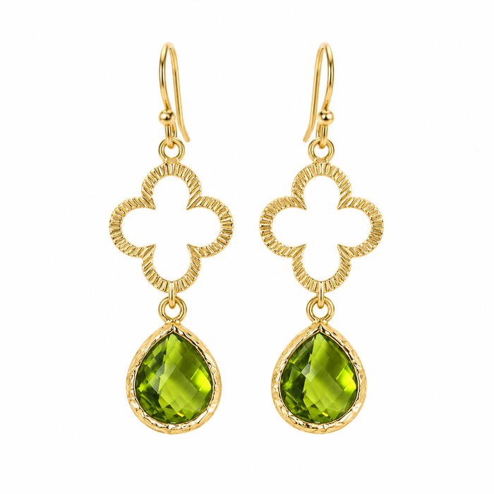 Olivine Glass & Gold Clover Drop Earrings – 14k Gold Filled