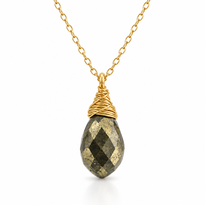 Pyrite Briolette Necklace – Hand Wire Wrapped – 14k Gold Filled – 16” Chain