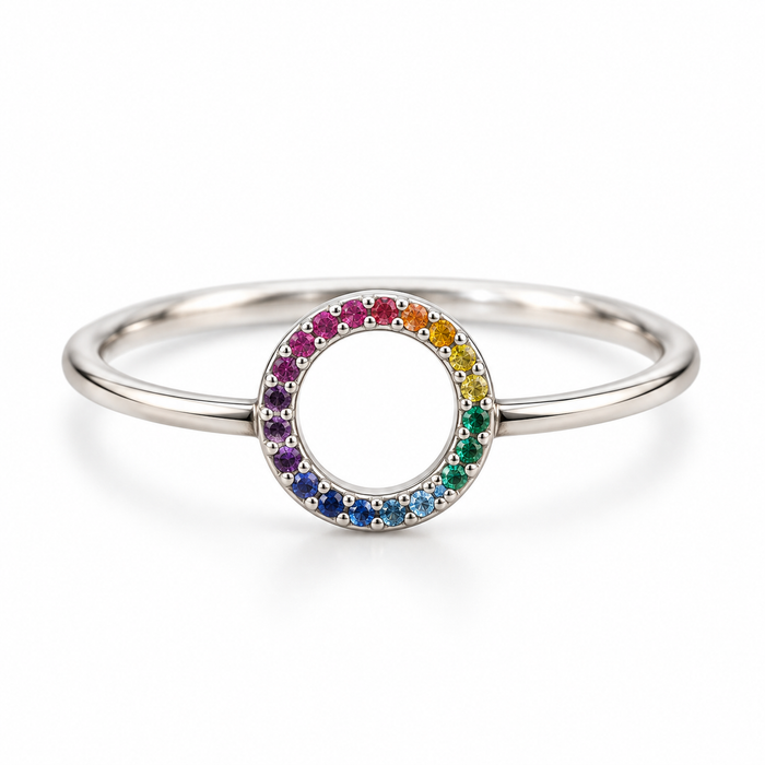 Rainbow Circle Ring – Sterling Silver with Nano Gems (Size 9)