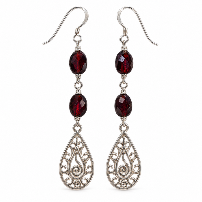 Crimson Scroll – Garnet Filigree Earrings