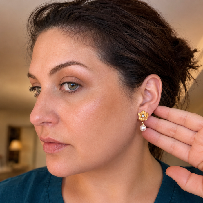 Limited Edition Floral Pearl Drop Earrings – 18K Gold Plated CZ Flower Studs