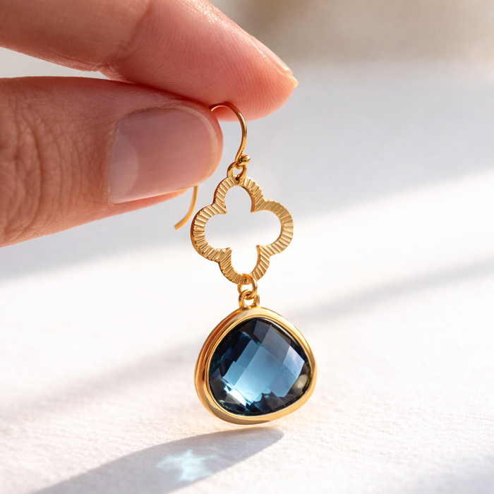 Blue Glass Clover Drop Earrings – Gold Filled Ear Wires – 1.5" Dangle Earrings