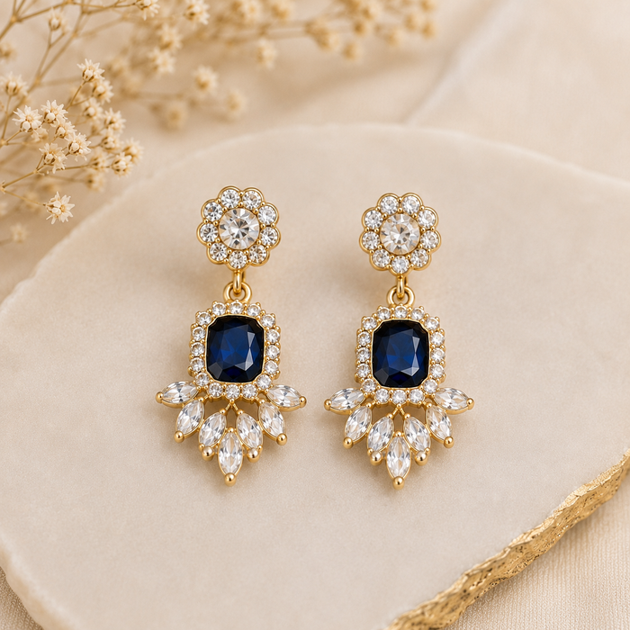 Blue Crystal Chandelier Earrings | 18K Gold Plated Bridal Statement Earrings