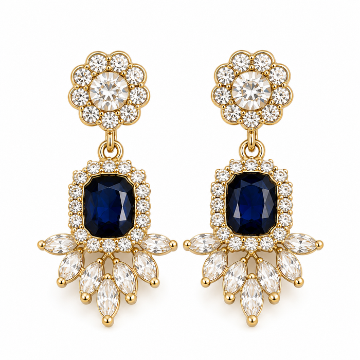 Blue Crystal Chandelier Earrings | 18K Gold Plated Bridal Statement Earrings