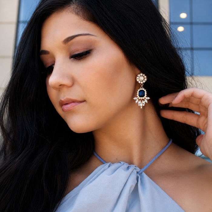 Blue Crystal Chandelier Earrings | 18K Gold Plated Bridal Statement Earrings