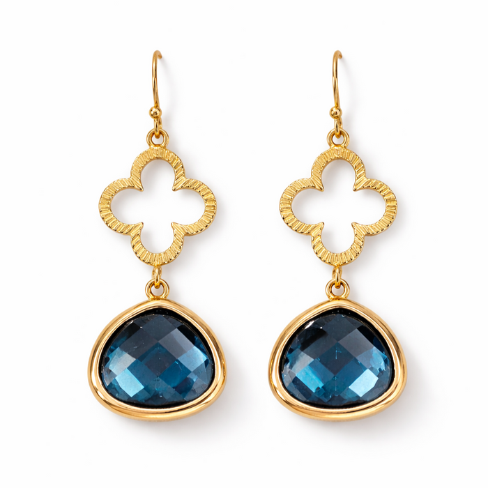 Blue Glass Clover Drop Earrings – Gold Filled Ear Wires – 1.5" Dangle Earrings