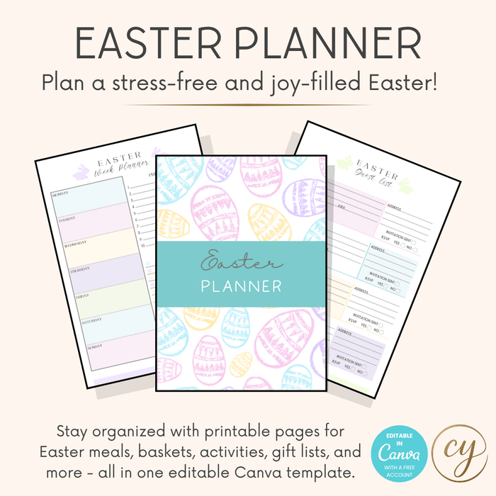 Printable Easter Planner – 40-Page Canva Template for Meals, Baskets, Egg Hunts & More