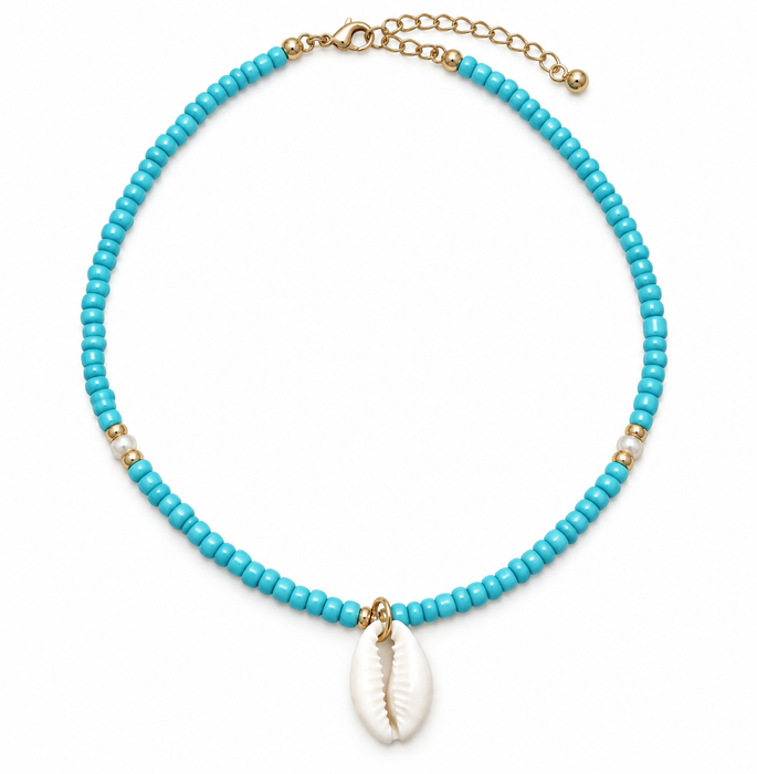 Turquoise Seed Bead Cowrie Shell Necklace