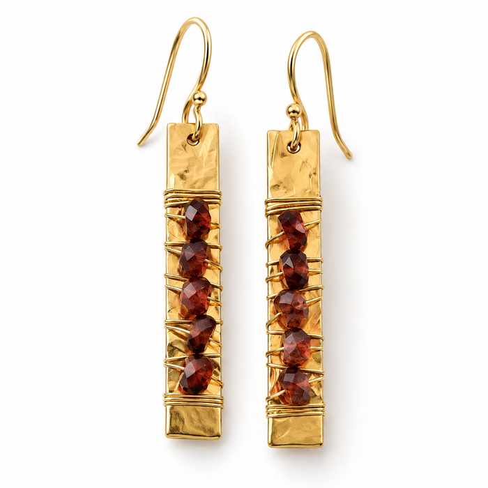 Gold-Filled Hammered Bar Garnet Earrings