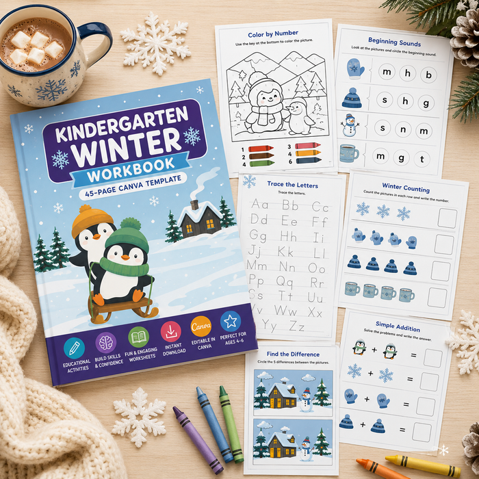 Kindergarten Winter Workbook | 45-Page Editable Canva Template