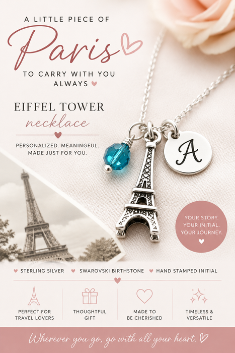 Eiffel Tower Necklace – Sterling Silver with Birthstone & Initial Charm