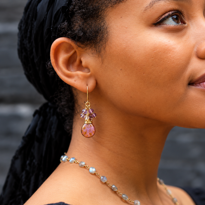 Pink Czech Glass & Swarovski Crystal Cluster Earrings – 14K Gold Filled
