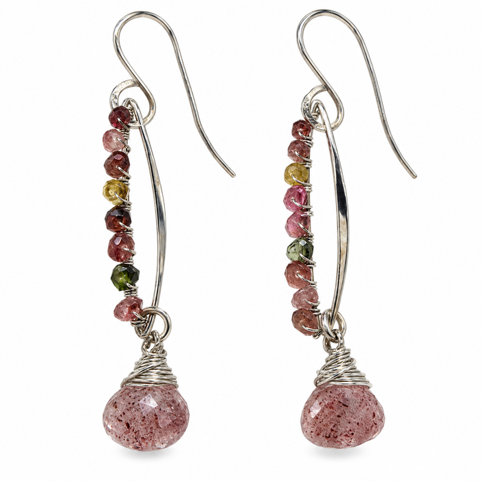 Strawberry Quartz & Tourmaline Dangle Earrings