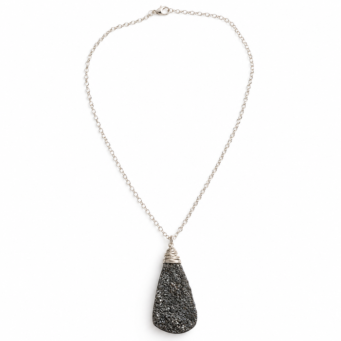 OOAK Gray Druzy Wire-Wrapped Sterling Silver Necklace