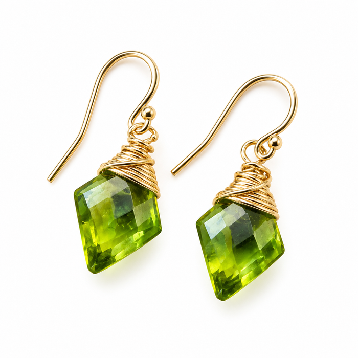 Peridot Diamond Briolette Earrings – 14K Gold Filled