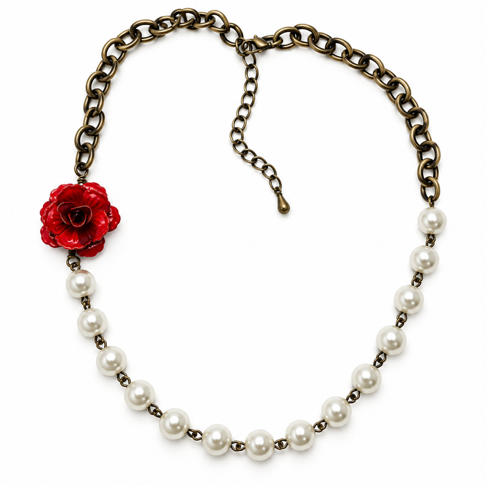 Vintage Inspired Red Rose & Pearl Necklace – One of a Kind