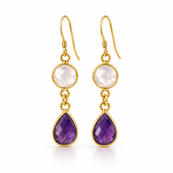 Clear Quartz & Amethyst Drop Earrings – 14K Gold Filled