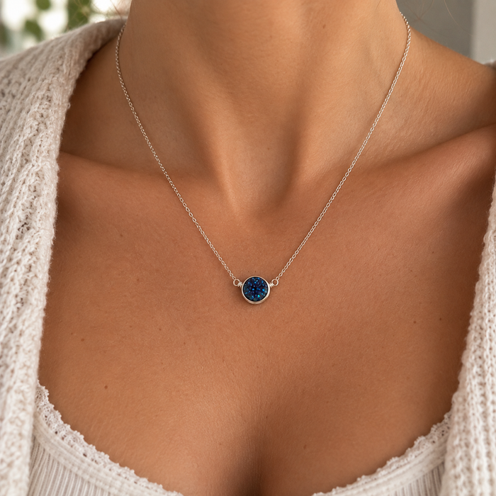 OOAK Blue Druzy Sterling Silver Wire Wrapped Necklace
