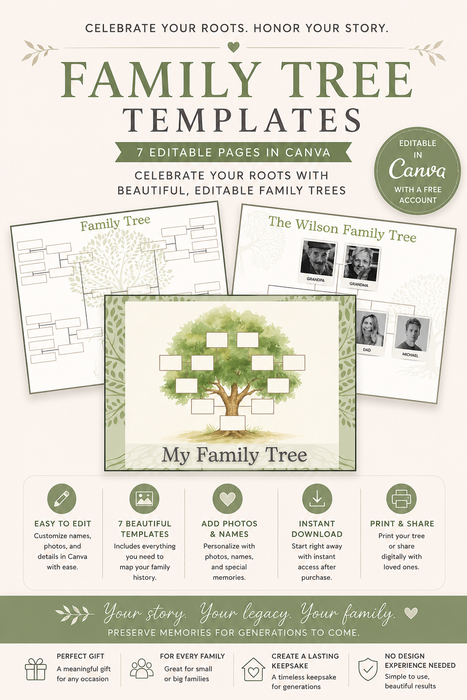 Editable Family Tree Template | 7 Printable Canva Pages