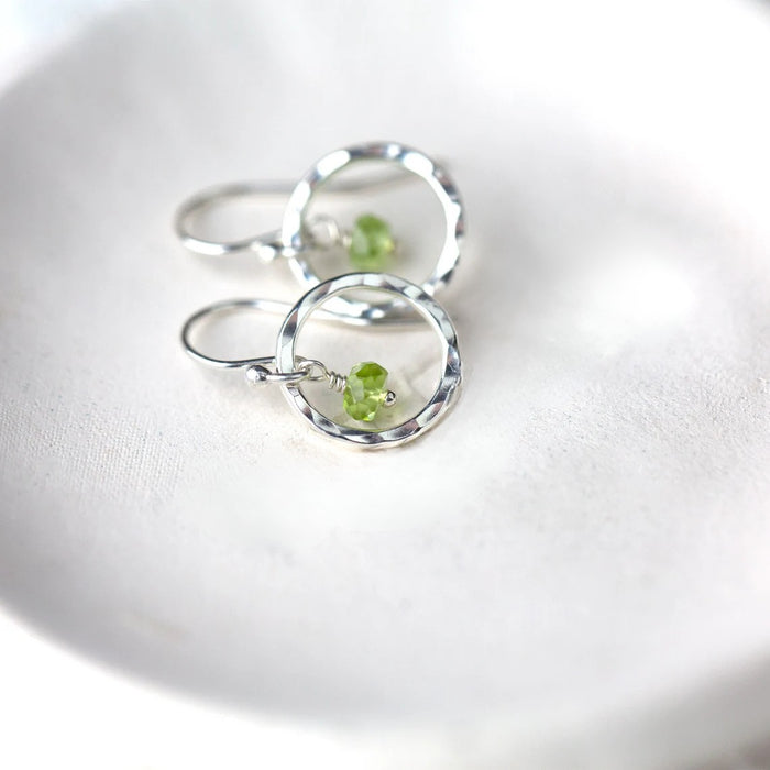 Orbit Peridot Gemstone Earrings – Sterling Silver Hammered Hoops