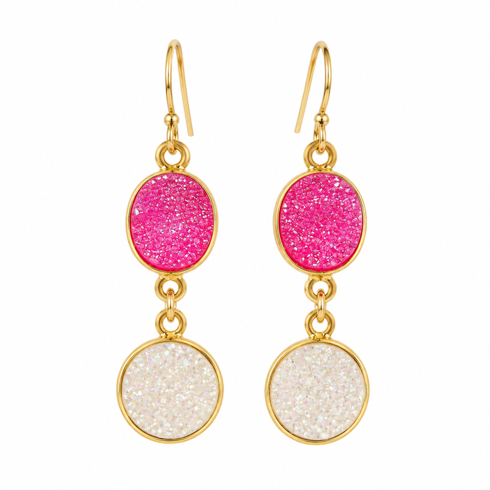Hot Pink & White Druzy Double Drop Earrings – 14k Gold Filled