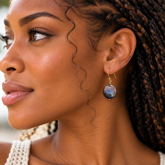 Peacock Freshwater Pearl Coin Earrings – 14K Gold Filled